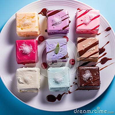 colorful ice cream cakes on a white plate on a blue background Stock Photo
