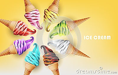 Colorful ice cream cone in form of circle, different flavors, vector illustration Vector Illustration