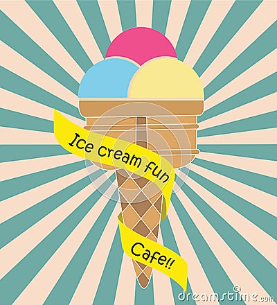 Colorful Ice cream cone with ribbon text vintage radius background Vector Illustration