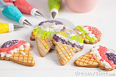 Colorful ice cream cone shape icing cookies Stock Photo