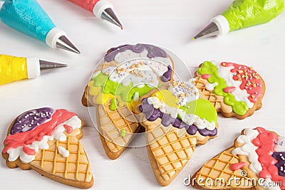 Colorful ice cream cone shape icing cookies Stock Photo