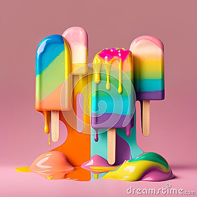 Colorful ice cream popsicles on pink background. 3d rendering Stock Photo