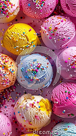 Colorful ice cream scoops with sprinkles background Stock Photo