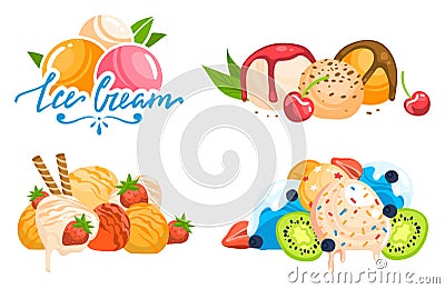 Colorful ice cream scoops with toppings and fruit. Assorted flavors with berries, chocolate, and nuts vector Vector Illustration
