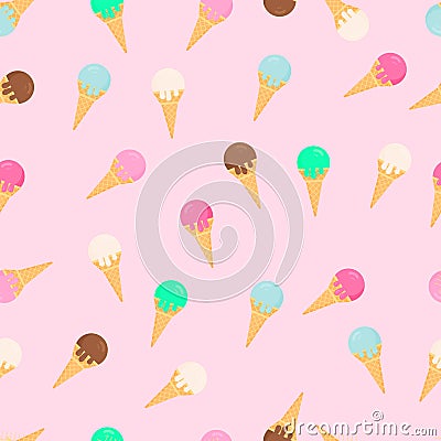 Colorful ice creams waffle cones seamless pattern. Summer dessert flat vector background. Delicious sweets for kids. Easy to edit Vector Illustration