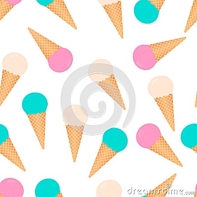 Colorful ice creams waffle cones seamless pattern. Summer dessert flat vector background. Easy to edit template for Vector Illustration