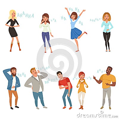 Colorful icon set with loudly laughing people at funny joke. Cartoon men and women characters in casual clothes. Hahaha Vector Illustration