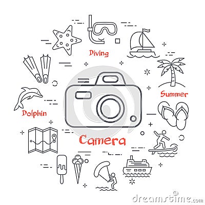 Colorful icons in summer holidays - photographic camera Vector Illustration