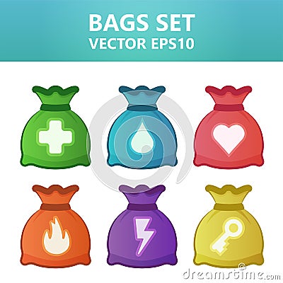 Colorful illustration bags with gaming symbols.Assets set for game design and web application. Cartoon Illustration