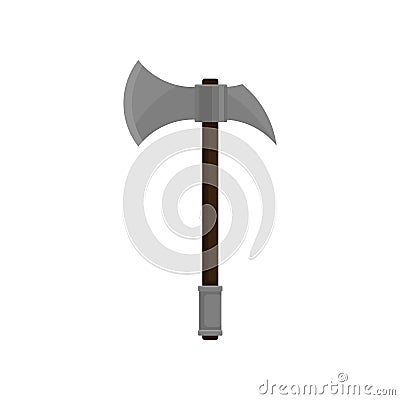 Battle axe with sharp steel blade and wooden grip. Medieval weapon. Flat vector design Vector Illustration