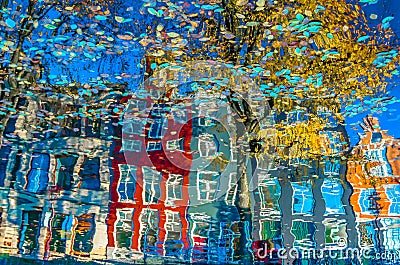 Colorful illustration of the buildings reflection along the canal in Amsterdam in the autumn Cartoon Illustration