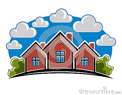 Colorful illustration of country houses created with bric Cartoon Illustration