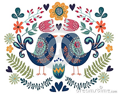 Colorful illustration with couple bird, flowers and folk design elements Vector Illustration