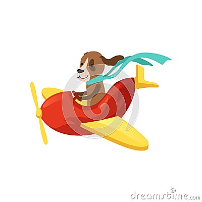 Dog flying on red airplane with yellow wings and propeller. Domestic animal with scarf on neck. Flat vector design for Vector Illustration