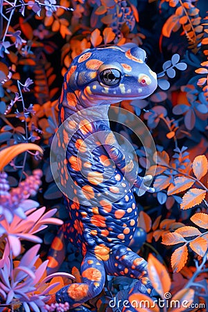 Colorful Illustration of a Fantasy Creature Resembling a Salamander in an Enchanted Forest Setting Stock Photo