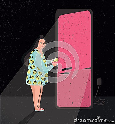 Colorful illustration featuring late night fridge raid. Sleepy woman is taking out pie from refrigerator. Eating at Vector Illustration