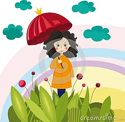 Colorful illustration with a girl with umbrella Vector Illustration