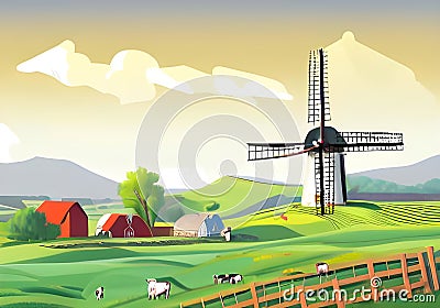 Colorful Illustration of Grazing Cows, Farmhouses, a Windmill, and a cloudy Sky on Lush Farmland Stock Photo