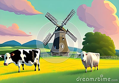 Colorful Illustration of Grazing Cows, a Windmill and a Blue Sky on Lush Farmland Stock Photo