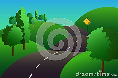 Colorful illustration with green hills and winding roads. Cartoon Illustration