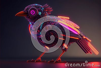 Illustration of interesting unusual neon glowing robot bird Cartoon Illustration