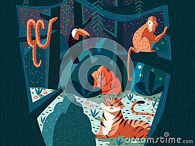 Colorful illustration of jungle scene with exotic animals. Forest at night with tiger, monkey, snake and toucan. Nature and trees Vector Illustration