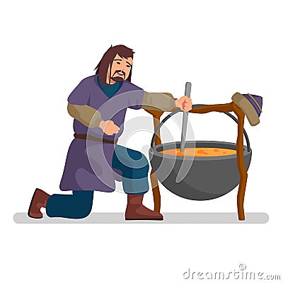 Mongolian man is cooking stew in a massive pot, cartoon style Vector Illustration