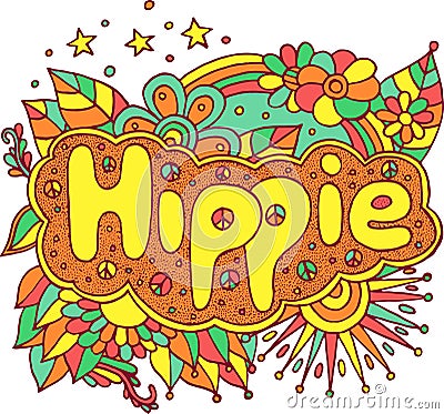 Colorful illustration with motivational quote - Hippie. Doodle lettering. Art therapy antistress illustration. Vibrant line art. Vector Illustration