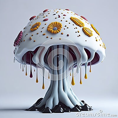 paint dripping from white mushroom . Cartoon Illustration