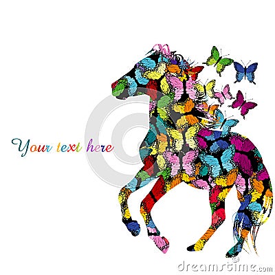 Colorful illustration with patterned horse and butterflies Vector Illustration