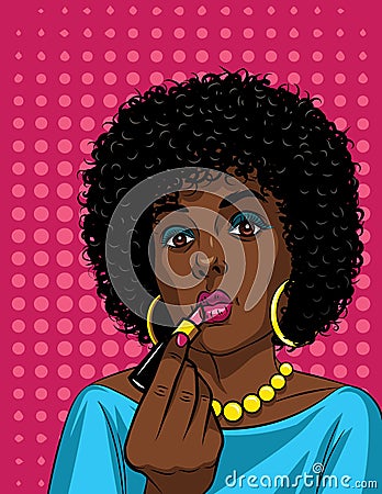 Colorful illustration in pop art style of beautiful african american girl doing makeup . Cartoon Illustration