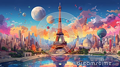 A colorful illustration representing the spirit of World Tourism Day famous landmarks from around the world, AI Generative Cartoon Illustration