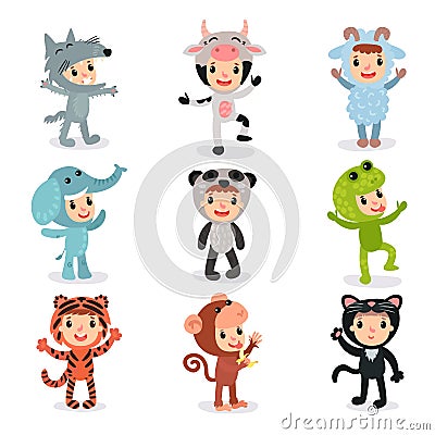 Colorful set of children in different animal costumes Vector Illustration