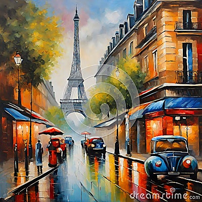 Colorful illustration of a street view of Paris. Cartoon Illustration