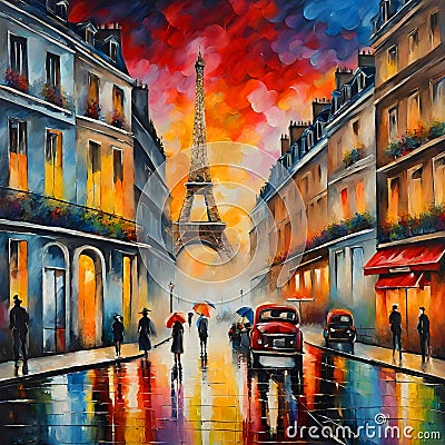 Colorful illustration of a street view of Paris. Cartoon Illustration