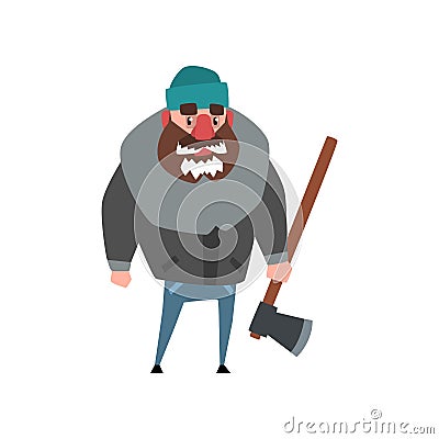 Strong woodcutter standing with axe in hand. Lumberjack with frozen beard. Cartoon man character dressed in gray winter Vector Illustration