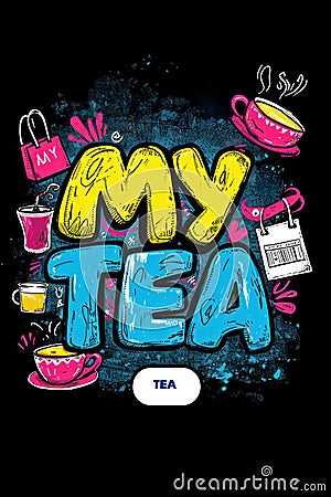 A colorful illustration of a tea bag with various items, AI Cartoon Illustration
