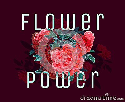 Colorful illustration with titling `Flower power`. Boho stylish decorative composition with vivid pink flowers. Cartoon Illustration