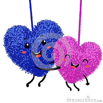 Colorful illustration of two soft toy in the shape of a heart embrace and fall in love Vector Illustration