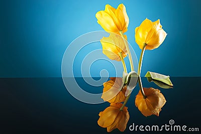 Colorful image of the back of three yellow tulips Stock Photo