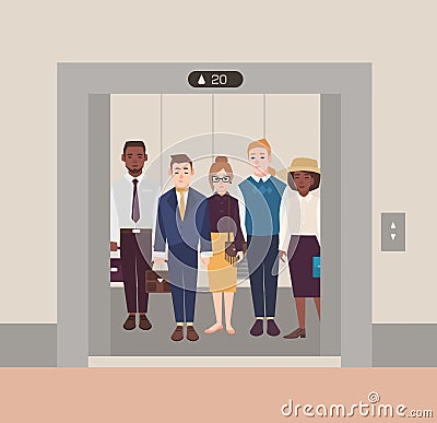 Colorful image illustrating group of people standing in open elevator. Men and women wearing business suit in classical Vector Illustration