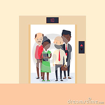 Colorful image illustrating group of people standing in open elevator. Vector Illustration