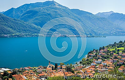 Colorful image of Lake Como and its blue water on a sunny day. Stock Photo