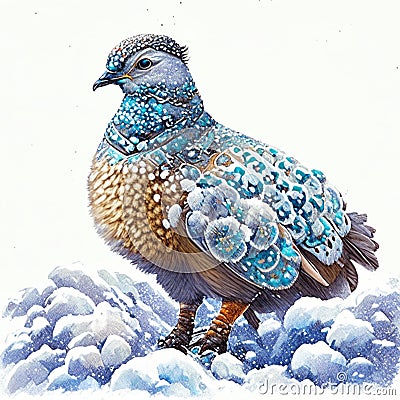 Colorful image of a quail in the snow in winter. AI generated Stock Photo