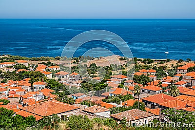 Aerial view of greek town of Molyvos Mithymna, Greece. Stock Photo