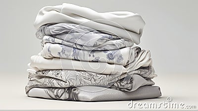 A colorful image of a stack of folded bed sheets on a white background. The sheets have different patterns and colors Stock Photo