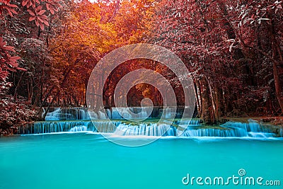 Colorful of imagine tropical waterfall and blue lagoon Stock Photo