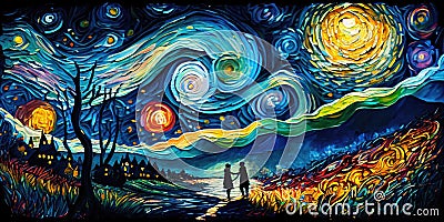 Colorful impressionist night sky landscape. Swirling color spirals of planets and starts. Silhouettes walking down a forest path. Stock Photo