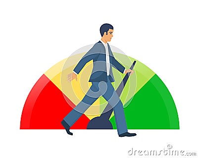 Colorful indicators of credit score. Man improves his creditworthiness. Vector Illustration