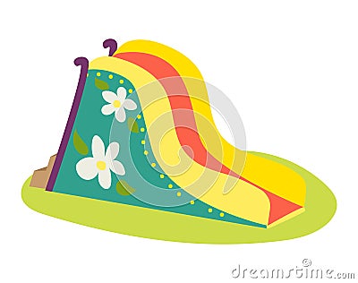 Colorful inflatable slide with floral pattern on grass. Bright yellow, red, and blue bounce slide for kids Vector Illustration
